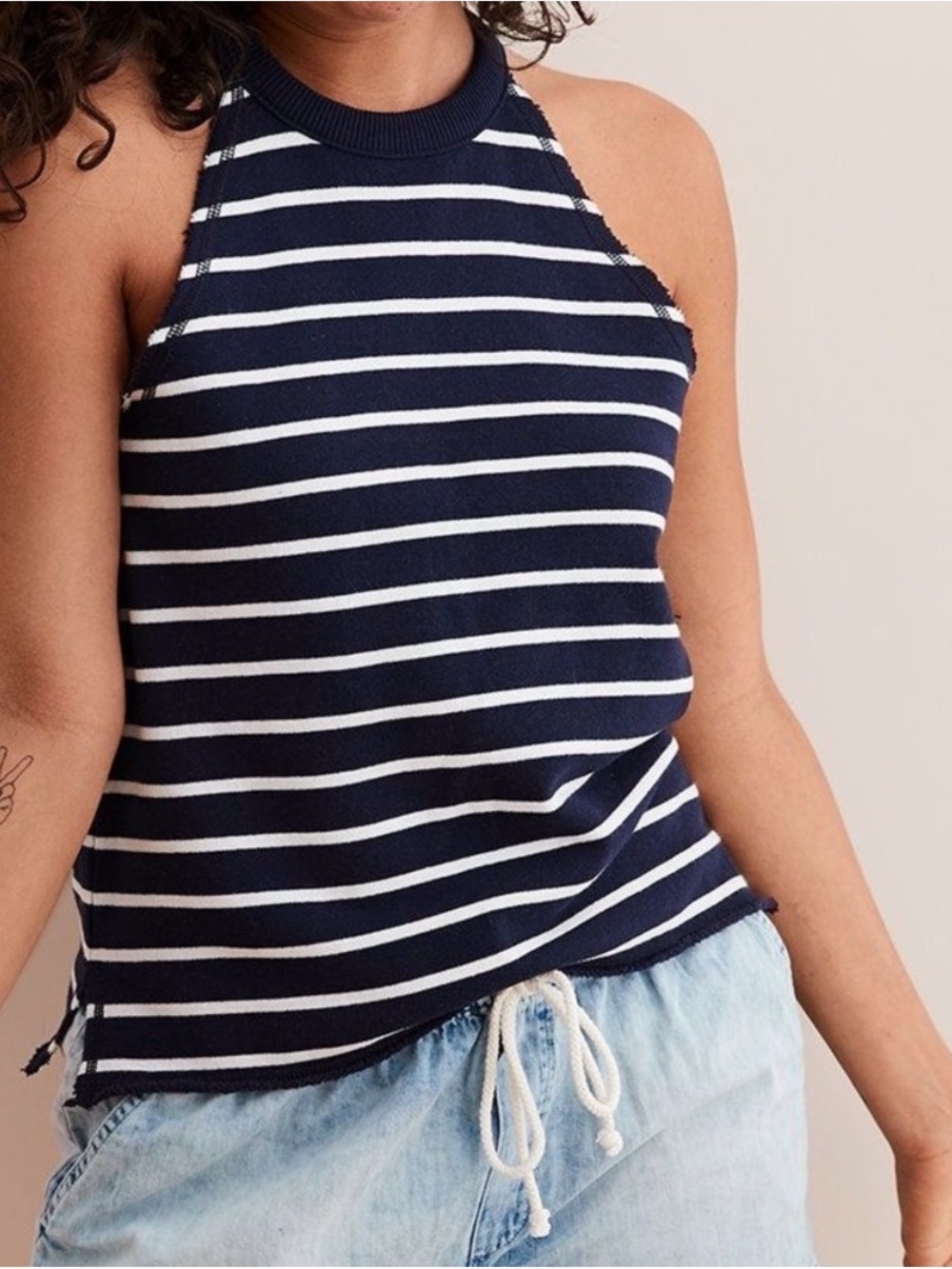Aerie Navy Blue & White Striped Sweater Halter Tank Top - Size M
